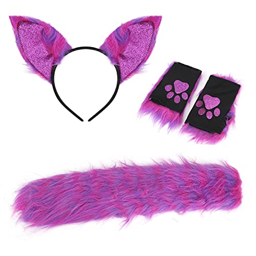 3 Stück Katze Kostüm Set, lange Pelz Katze Schwanz Cosplay Set Halloween Fancy Dress Kostüm Set, Katze Ohren Stirnband Katze Schwanz, Katze Handschuhe für Valentinstag Dress up Halloween Kostüm Party von FakeFace