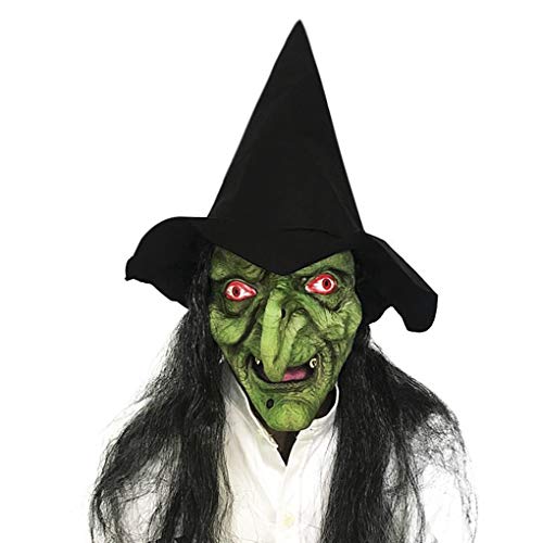 Alte Hexenmaske Halloween Maskerade Schaum Goblin Maske Gruseliges grünes halbes Gesicht Adlernasen-Zauberer-Maske für Cosplay-Kostüm (Vollgesichtsmaske mit Hut) von FakeFace