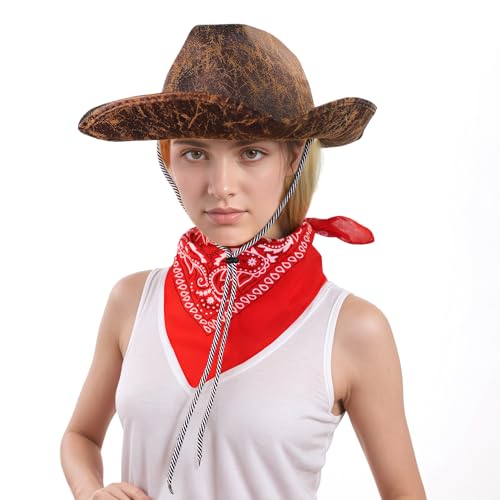 FakeFace Cowboy-Kostüm-Set, Cowboyhut und Bandana, rot, Kostümzubehör für Halloween, Karneval, Mottoparty, 60er und 70er Jahre von FakeFace