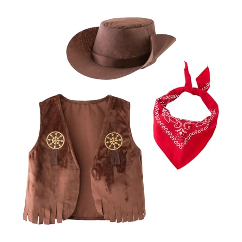 FakeFace Cowboy-Kostüm-Set für Kinder, Cowboy-Kostüme mit Fransenweste, Bandana, rot, faltbar, Kostüm für Halloween, Karneval, Cosplay, Party von FakeFace