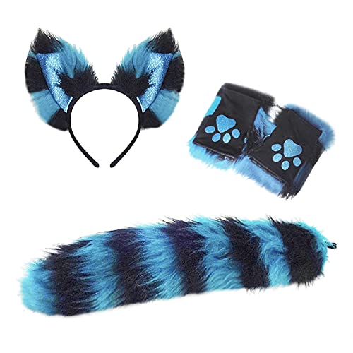 Halloween Cosplay Kostüm Katze Ohren Handschuhe und Schwanz Set, Kunstpelz Tier Katze Fuchs Langen Schwanz Ohren Kit Halloween Tier Thema Party Kostüm Cute Hair Clips Party Requisiten (Blau) von FakeFace