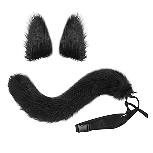 Halloween Cosplay Kostüm Katze Ohren und Schwanz Set, Kunstpelz Tier Katze Fuchs langen Schwanz Ohren Kit Halloween Tier Thema Party Kostüm Cute Hair Clips Party Requisiten (Schwarz) von FakeFace