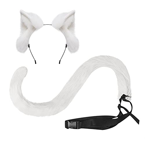 Halloween Cosplay Kostüm Katze Ohren und Schwanz Set, Kunstpelz Tier Katze Fuchs Langen Schwanz Ohren Kit Halloween Tier Thema Party Kostüm Cute Hair Clips Party Requisiten von FakeFace