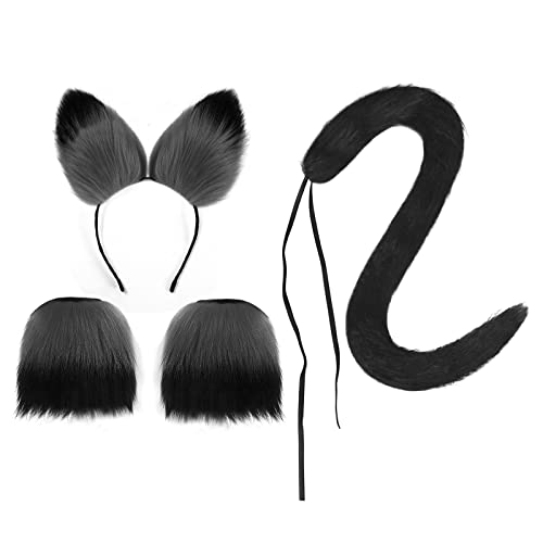 Halloween Cosplay Kostüm Katze Ohren und Schwanz Set, Kunstpelz Tier Katze Fuchs langen Schwanz Ohren Kit Halloween Tier Thema Party Kostüm Cute Hair Clips Party Requisiten (D-Schwarz) von FakeFace