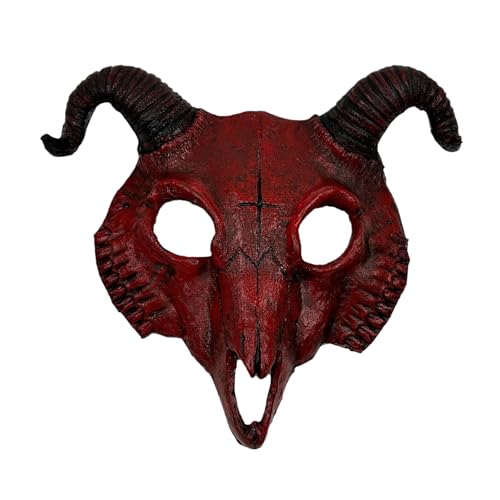 Halloween Dämon Teufel Horror Halbgesicht Maske - Maskerade Schaum Gruselig Rot Widder Horn für Monster Cosplay Kostüm (Ziege-rot) von FakeFace
