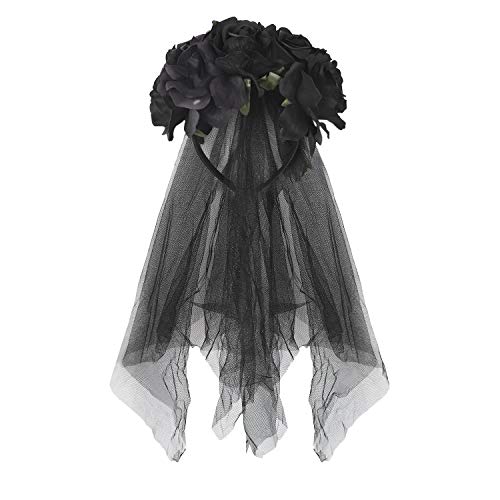 Schwarz Halloween Schleier Rose Floral Crown Schleier Haarschmuck Stirnband Länge Haarreif Kopfschmuck Party Dekoration Gothic Hexen Kostüm Accessoires für Karneval Fasching Cosplay Schwarz Halloween Schleier Rose Floral Crown Schleier Haarschmuck Stirnband Länge Haarreif Kopfschmuck Party Dekoration Gothic Hexen Kostüm Accessoires für Karneval Fasching Cosplay von FakeFace