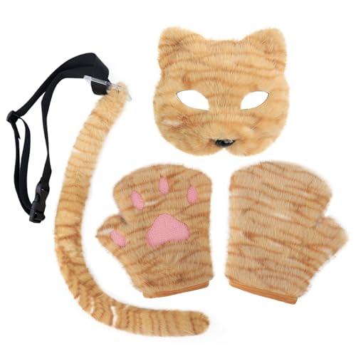 Set Maske und Schwanz Katzenpfotenhandschuhe aus Kunstpelz, Kostümzubehör für Kätzchen, Tierkostüm, für Halloween, Cosplay, Geburtstag, Karneval, Party, Kostüm Set Maske und Schwanz Katzenpfotenhandschuhe aus Kunstpelz, Kostümzubehör für Kätzchen, Tierkostüm, für Halloween, Cosplay, Geburtstag, Karneval, Party, Kostüm von FakeFace