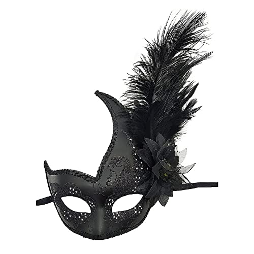 Strass Federn Masquerade Maske Venezianische Maske mit seitlicher Feder für Damen, Federmaske Karnevalsmasken Augenmaske Venetian für Maskenball Fasching Karneval Halloween Mottoparty von FakeFace