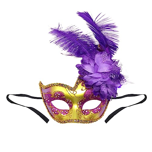 Strass Federn Masquerade Maske Venezianische Maske mit seitlicher Feder für Damen, Federmaske Karnevalsmasken Augenmaske Venetian für Maskenball Fasching Karneval Halloween Mottoparty von FakeFace