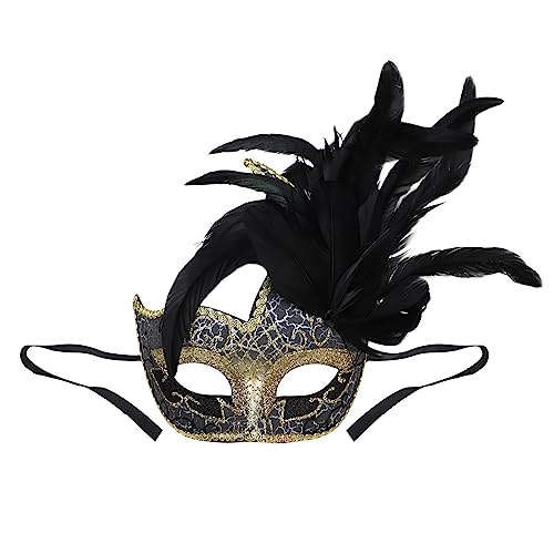 Strass Federn Masquerade Maske Venezianische Maske mit seitlicher Feder für Damen, Federmaske Karnevalsmasken Augenmaske Venetian für Maskenball Fasching Karneval Halloween Mottoparty von FakeFace