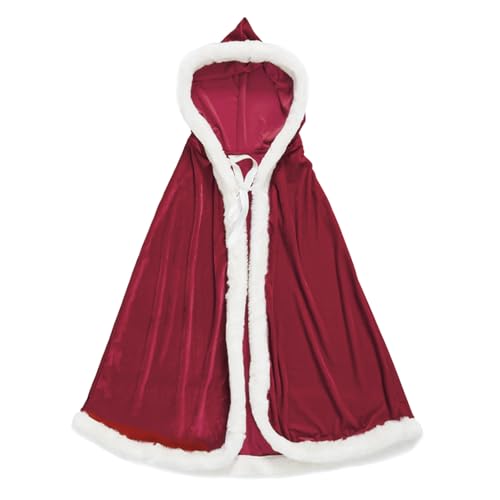 Weihnachten Santa Claus Umhang mit Kapuze, 80cm Rote Samt Weihnachtsmantel Cape Kleid, Rotkäppchen Weihnachtsfrau Kostüm, Miss Santa Claus Kapuzenponcho Party Kleid Outfit für Kinder Erwachsene von FakeFace