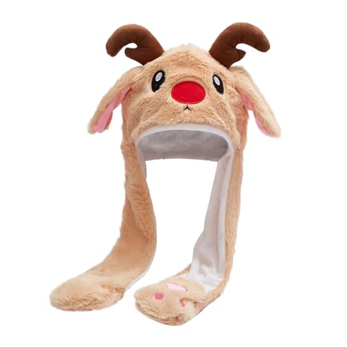 Weihnachtsmütze Plüsch Mütze mit Beweglichen Ohren – Lustige Nikolausmütze, Rentier, Reh Plüschmütze, Weihnachtsmann Hut Fasching Karneval Party Kostüm für Damen Herren und Kinder von FakeFace