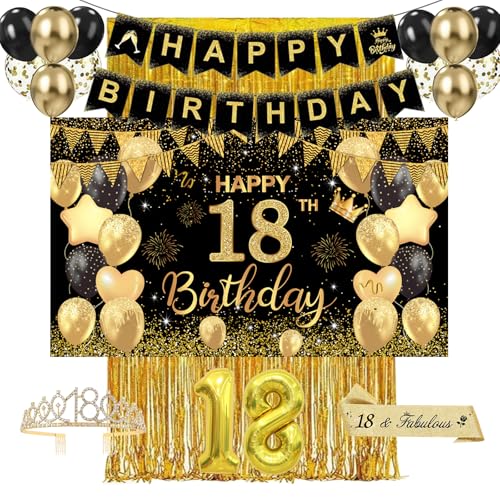 Deko 18. Geburtstag Junge & Mädchen – Schwarz Gold Geburtstagsdeko Set mit Happy Birthday Banner, Ballons und Party Zubehör – Perfekte 18 Geburtstag Deko Deko 18. Geburtstag Junge & Mädchen – Schwarz Gold Geburtstagsdeko Set mit Happy Birthday Banner, Ballons und Party Zubehör – Perfekte 18 Geburtstag Deko von Fakindiy