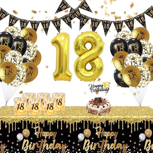 Fakindiy 18. Geburtstag Deko 18. Geburtstag Junge Mädchen Schwarze Goldene Ballons Zahl Ballon 32" mit Tischdecke mit Gold Print Cake Topper Kerzen Lampenschirm Banner Fakindiy 18. Geburtstag Deko 18. Geburtstag Junge Mädchen Schwarze Goldene Ballons Zahl Ballon 32" mit Tischdecke mit Gold Print Cake Topper Kerzen Lampenschirm Banner von Fakindiy