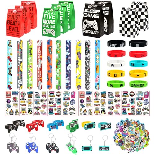 Fakindiy 110 Stück Game Party Mitgebsel Kinder, Mitgebsel Kindergeburtstag Game, Game geschenke jungen und Mädchen, Geschenktüten Ringe Silikonarmbänder Schlüsselanhänger Aufkleber Sprengringe von Fakindiy