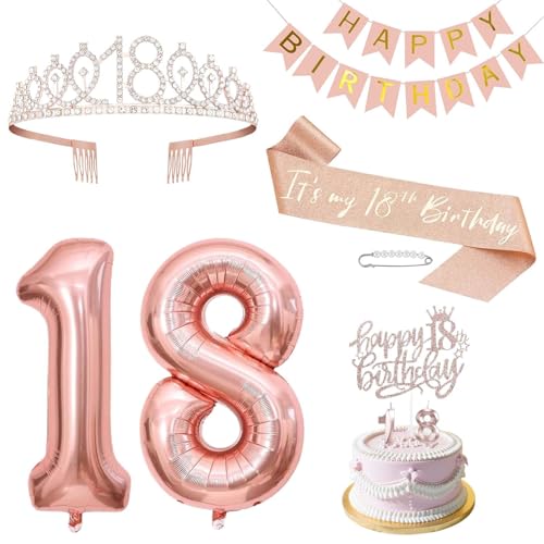 Geburtstagsdekorationen für Mädchen - Einschließlich Schärpe und Krone zum 18. Geburtstag, Tortenaufsatz, Roségold Luftballons zum 18. Geburtstag und Geburtstagsbanner, Geschenke zum 18. Geburtstag Geburtstagsdekorationen für Mädchen - Einschließlich Schärpe und Krone zum 18. Geburtstag, Tortenaufsatz, Roségold Luftballons zum 18. Geburtstag und Geburtstagsbanner, Geschenke zum 18. Geburtstag von Fakindiy