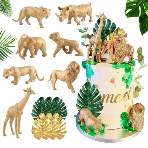13 Stück realistische Safari Dschungel Tier Kuchen Topper tropische Palmenblätter Löwe Giraffe Elefant Tiger Nashorn Leopard Kuchendekorationen für Geburtstag Party Supplies von Falafoty