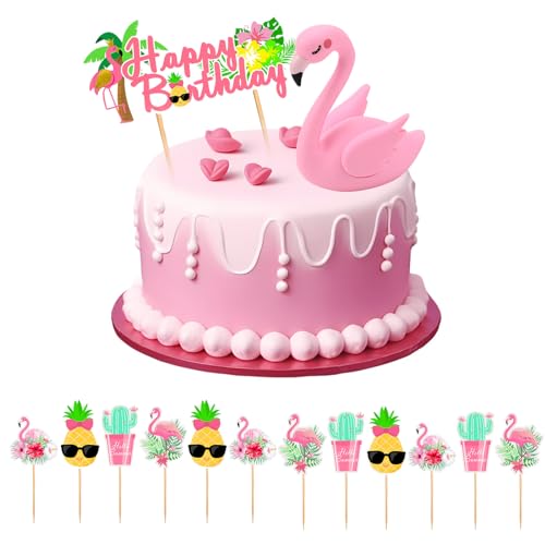 14 Stück Happy Birthday Glitter Cake Topper Flamingo Cake Toppers Dekoration Set Sommer Kuchen Dekoration für Kinder Jungen Mädchen Tropische Hawaii Hochzeit Geburtstag Party von Falafoty
