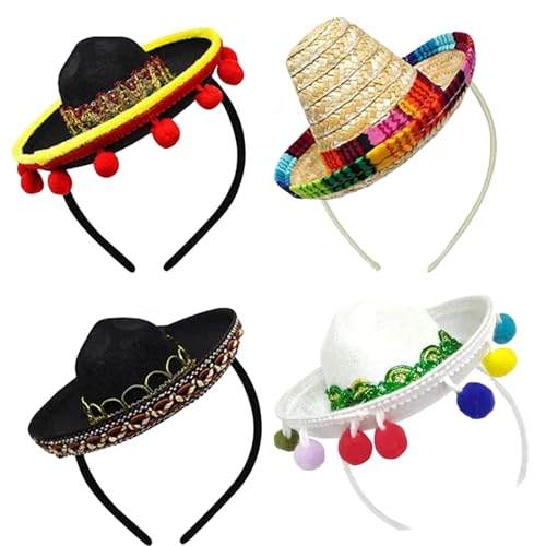 4 Stück Mini mexikanische Hüte Mini Sombrero Stirnband mexikanischen Motto Party Dekorationen mexikanischen Fiesta Party Sombrero Hut niedlichen Stroh Sombreros für Fiesta Karneval von Falafoty