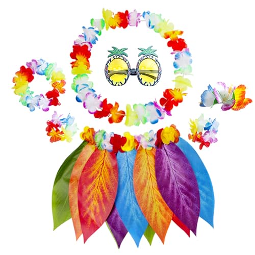 Blattrock Hawaiian Kostüm Set mit Blume Halskette Armbänder, Hawaii Outfit Party Kostüm für Sommerstrandparty, Hawaii Hula Rock für Erwachsene Kinder Karneval Luau Partykostüm Zubehör (6PCS) von Falafoty