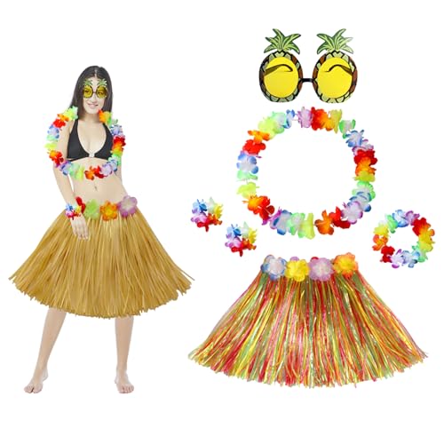 Falafoty 6 Stück Hawaiian Hula Rock Kostüm Set,Hawaiian Gras Hula Rock Blumenkette Blume-Armbänder Ananas-Sonnenbrille Für Erwachsene Kinder, Sommer Strand Tropische Party Faschingskostüm (Bunt) von Falafoty