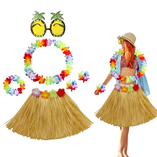 Falafoty 6 Stück Hawaiian Hula Rock Kostüm Set,Hawaiian Gras Hula Rock Blumenkette Blume-Armbänder Ananas-Sonnenbrille Für Erwachsene Kinder, Sommer Strand Tropische Party Faschingskostüm (Gras) von Falafoty