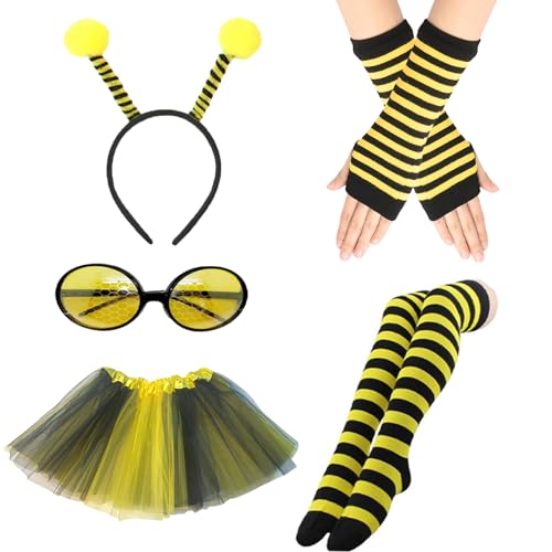 Falafoty 7 Stück Biene Kostüm Set für Erwachsene Hummel Fancy Dress Set einschließlich Sonnenbrille Stirnband Bein Ärmel lange Handschuhe Biene Kleid für Rollenspiel Cosplay Dress Up Party von Falafoty