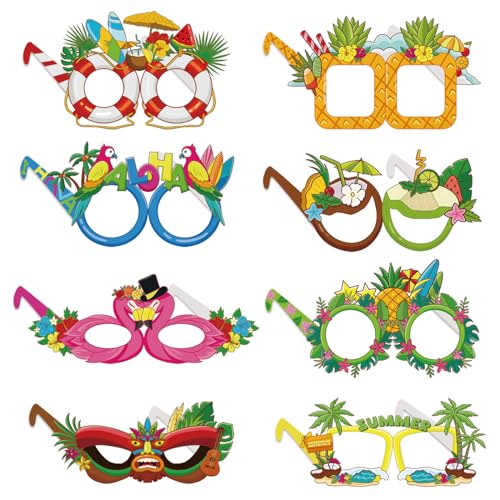 Falafoty 8 Stück Hawaii Lustige Brillen Hawaiianische Neuheit Party Gläser Luau Party Papier Gläser Photo Booth Requisiten Dekoration für Erwachsene Kinder Sommer Strand Pool Party Zubehör von Falafoty