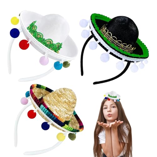 Falafoty Cinco De Mayo Sombrero Stirnband aus Stroh, 3PCS Mexikanische Hüte Stirnband Party Kostüm für Erwachsene, Lustiger Fiesta Hut Foto Requisiten für Sommer Mexikanischen Thema Partyzubehör von Falafoty