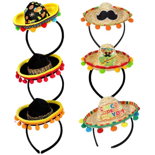 Falafoty Cinco De Mayo Sombrero Stirnband aus Stroh, 6PCS Mexikanische Hüte Stirnband Party Kostüm für Erwachsene, Lustiger Fiesta Hut Foto Requisiten für Sommer Mexikanischen Thema Partyzubehör von Falafoty