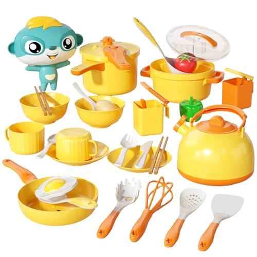Falafoty Kinderküche Zubehör, Matschküche Zubehör Kinder Play Küchenspielzeug Kochset,Kochen Kochgeschirr Wasserkocher Töpfe und Pfannen Playset für Rollenspiele Geschenk für Kinder ab 3 Jahren (Gelb) von Falafoty