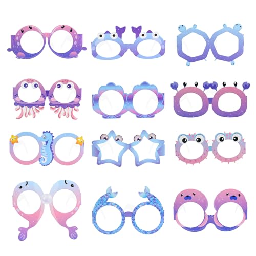 Falafoty Meerjungfrau Partybrille für Kinder Mädchen, 12PCS Lustige Papier Brillen Foto Requisiten Papiergläser mit Sommerstrand-Thema, für Erwachsene Kinder Party Dekoration Maskerade Kostüm Zubehör von Falafoty