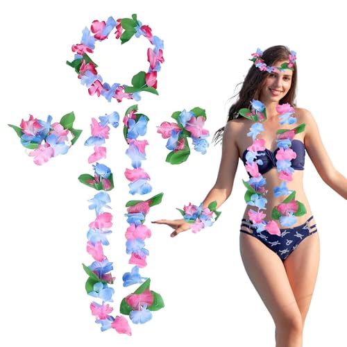 Hawaii-Girlande-Set, Party-Dekoration, tropische Halskette, Blumen-Armbänder, Haarbänder, Hawaii-Kostüm, Party-Zubehör für Erwachsene und Kinder, Strand-Mottoparty-Zubehör, Blau, 4-teilig von Falafoty