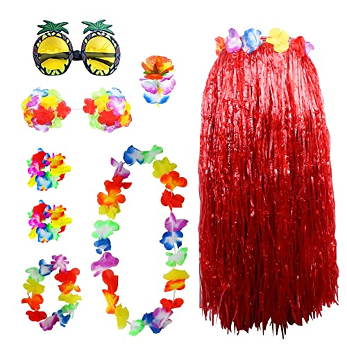 Hawaiian Gras Hula 8 Stück Grass Rock Set, mit Ananas Sonnenbrille Halskette Armbänder für Party Fancy Dress und Tropical Beach Stirnband Blume BH Haarspange Party Dekoration (Rot) von Falafoty
