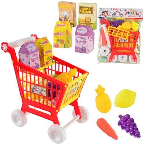 Falafoty Kinder Einkaufswagen Trolley Spielzeug, 21PCS Supermarkt Einkaufen Spielset Wagen mit Essen Obst Gemüse, Rollenspiel vorgeben Lernspielzeug Geschenk für Kinder Einkaufswagen-Zubehör (Rot) von Falafoty