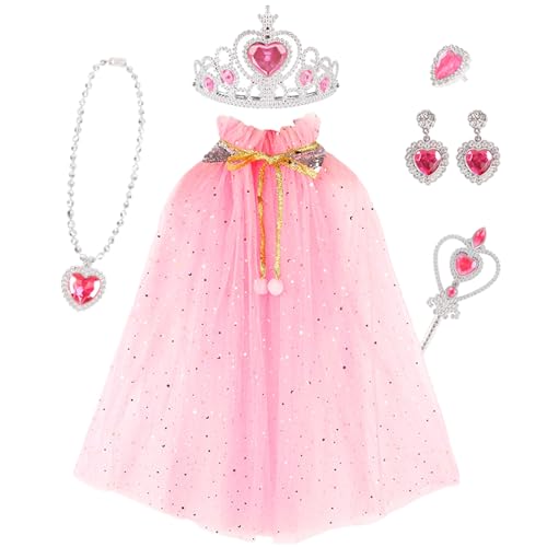 Prinzessin Umhang Kostüm für Kinder Mädchen, Prinzessin Kostüm mit Krone, Zauberstab, Halskette, Ring und Ohrringe, ELSA Pailletten Tüll Cape für Karneval Geburtstag Halloween Party Cosplay (Rosa) von Falafoty