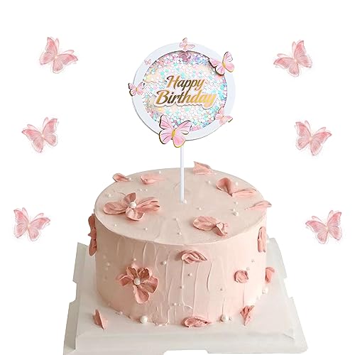 Schmetterling Happy Birthday Cake Topper Glitzer 3D Schmetterling Kuchendekoration zum Thema Geburtstag für Mädchen Frauen Geburtstag Party Tortendekoration (Rosa) von Falafoty