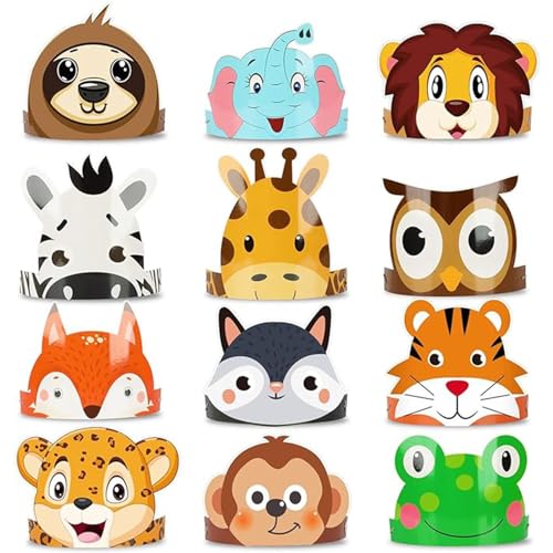 Tier Geburtstag Party Hüte, 24PCS Tierische Stirnbänder Dschungel Safari Tier Geburtstag Papier Party Krone für Kinder, Tierkostüm DIY Geschenk Fotorequisiten Zubehör für Kinder Geburtstag Fiesta von Falafoty