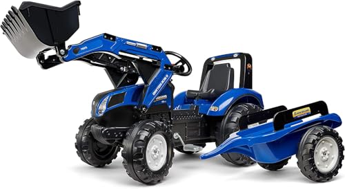 FALK New Holland T8 Baggerlader für Kinder 3-7 Jahre – Mit Frontschaufel, Anhänger & Hupe – Robuster Trettraktor aus Kunststoff für Garten, Sandkasten & Outdoor-Spiel von Falk