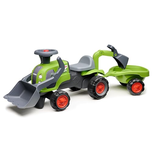 FALK Traktor Claas – Grün – leise Räder – Lenkrad – Frontbagger – Bagger und Anhänger – 90% recycelter Kunststoff ab 12 Monaten – 312NS von Falk