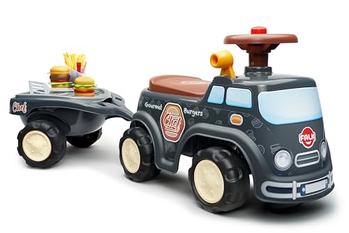 Falk - Food Truck Gourmet Burger Rutschauto – ab 12 Monaten – Blau – Lenkrad mit Hupe – Hebel mit Soundeffekt – Aufbewahrungsbox – Anhänger BBQ & Zubehör – 707C von Falk