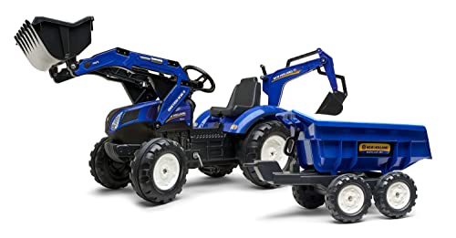 Falk Tractopelle mit Pedalen New Holland mit Bagger und Kippanhänger – ab 3 Jahren Schaufel vorne und Gelenke – Schaukelanhänger – Drehsitz – 3090 W von Falk