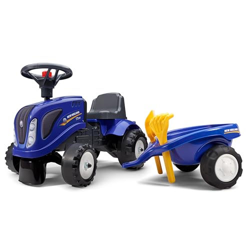 Falk Traktor New Holland mit Anhänger – ab 12 Monaten Schaufel und Rechen inklusive – 2 Styles zur Personalisierung – Nummernschild – 280 C von Falk