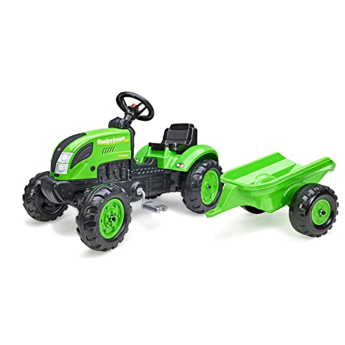 Falk – Traktor mit Pedalen Country Farmer grün mit Anhänger – ab 2 Jahren Nummernschild personalisierbar – Lenkrad mit Hupe – 2057L von Falk