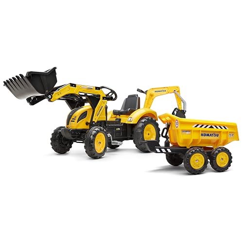Falk Trettraktor Komatsu mit Frontlader, Heckbagger und Maxi-Anhänger - Gelbes Ride Along Spielzeug, 360° drehbarer Sitz, geeignet für Kinder ab 3 Jahre von Falk