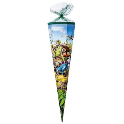 Familando große Schultüte für Jungen und Mädchen Zuckertüte 85cm 6-eckig mit Tüllverschluss zur Einschulung (Dinosaurier) von Familando
