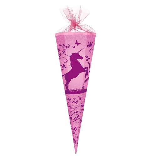 Familando große Schultüte für Jungen und Mädchen Zuckertüte 85cm 6-eckig mit Tüllverschluss zur Einschulung (Einhorn) von Familando