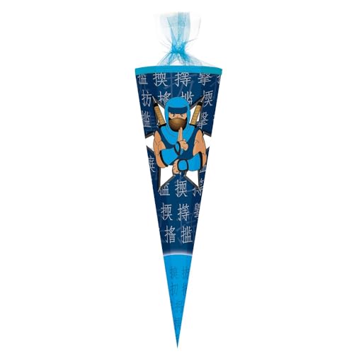 Familando große Schultüte für Jungen und Mädchen Zuckertüte 85cm 6-eckig mit Tüllverschluss zur Einschulung (Ninja blau) von Familando