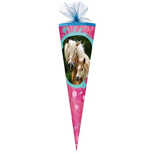 Familando große Schultüte für Jungen und Mädchen Zuckertüte 85cm 6-eckig mit Tüllverschluss zur Einschulung (Pferde) von Familando