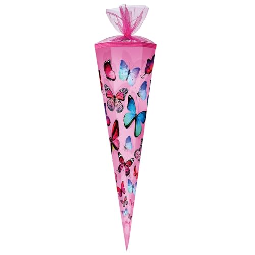 Familando große Schultüte für Jungen und Mädchen Zuckertüte 85cm 6-eckig mit Tüllverschluss zur Einschulung (Schmetterlinge Rosa) von Familando